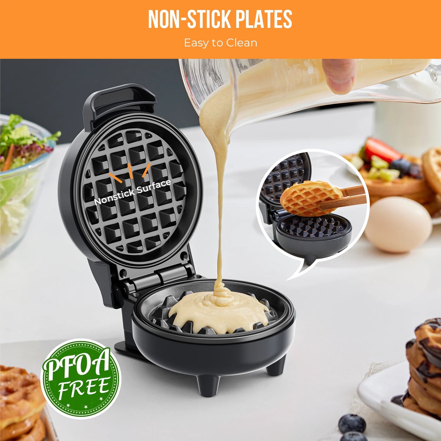 Waffle maker with non-stick surface, PFOA-free label, and waffle being poured.