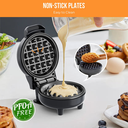 Waffle maker with non-stick surface, PFOA-free label, and waffle being poured.