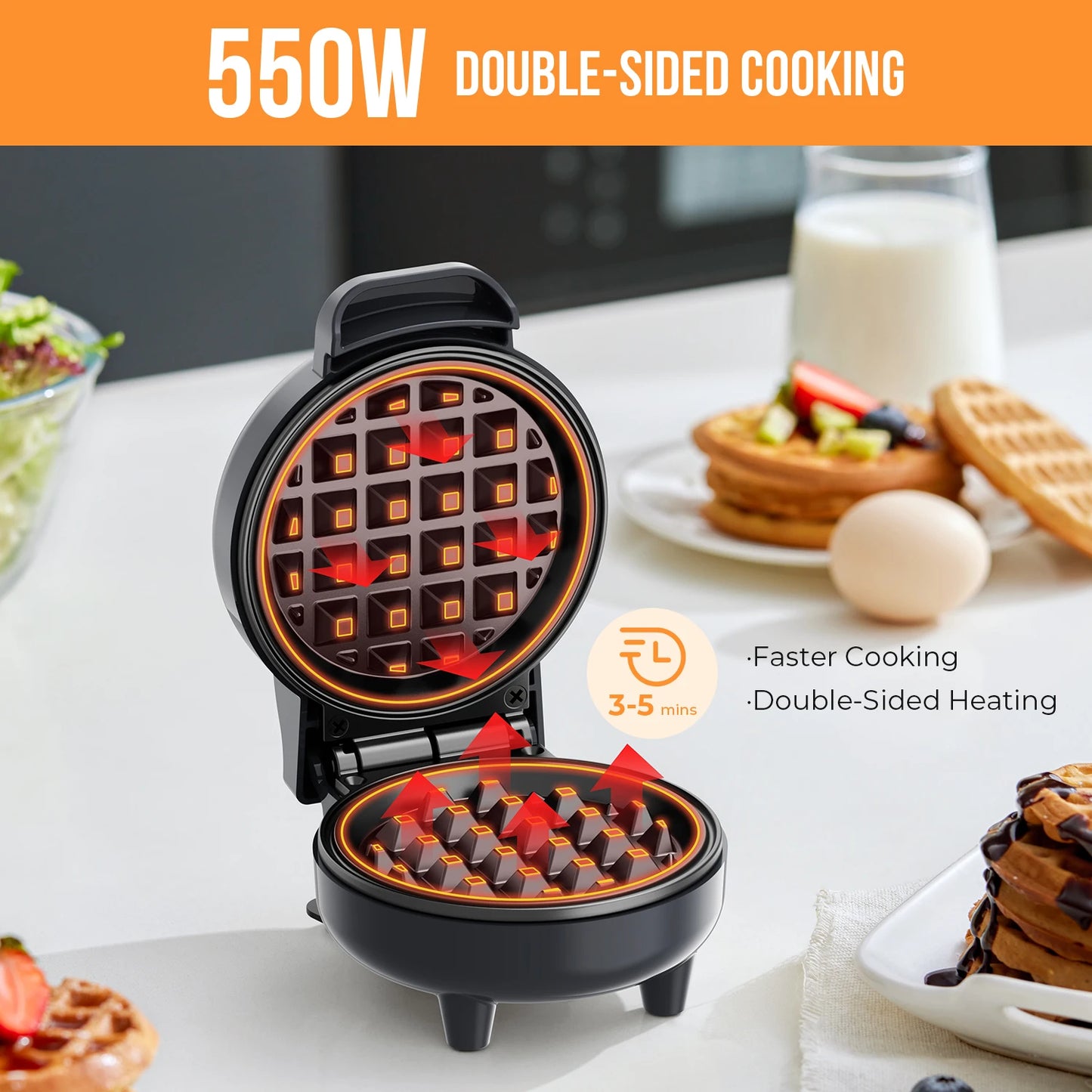 Double-sided waffle maker with waffles on a table, showing 550W power and double-sided cooking features.