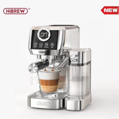 Silver espresso machine with a cup of coffee, branded 'HIBREW', on a white background.