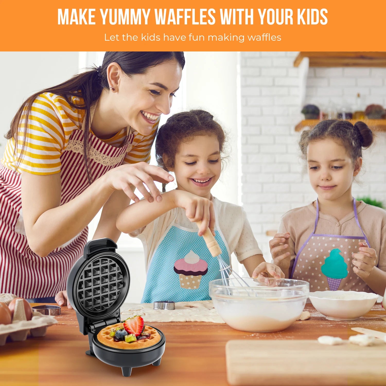 Woman and children making waffles with a waffle maker in a kitchen.