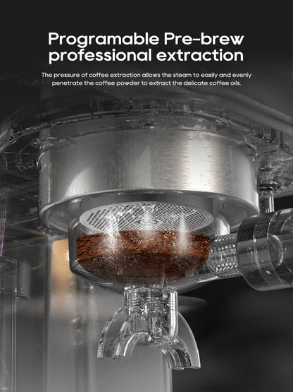 Coffee brewing process with text about programmable pre-brew extraction.