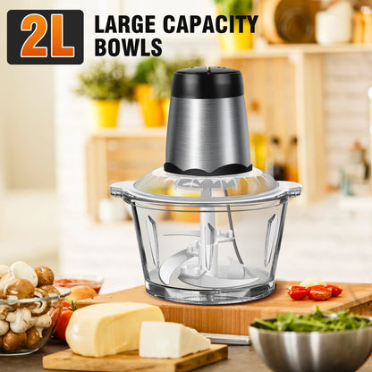 2L Electric Meat Grinder; Vegetable Chopper – 300W Food Processor with 2 Speeds, 4 Blades &amp; Glass Bowl