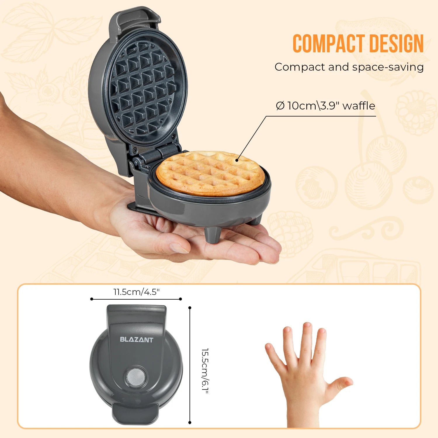 Compact waffle maker with a cooked waffle, showing its size and design.