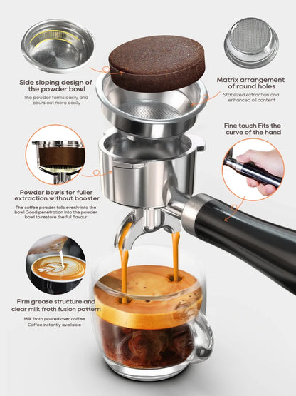 Coffee brewing device with features highlighted on a white background