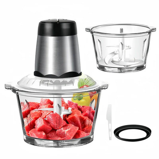 2L Electric Meat Grinder; Vegetable Chopper – 300W Food Processor with 2 Speeds, 4 Blades &amp; Glass Bowl