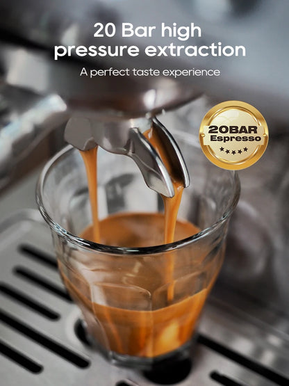 Espresso being extracted into a glass with '20 Bar high pressure extraction' text and '20BAR Espresso' logo.