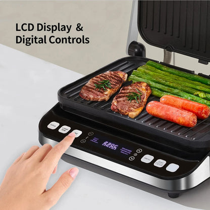 Multifunctional grill with digital controls and food being cooked on a light background