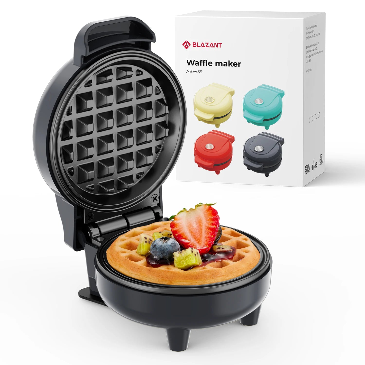 Waffle maker with a cooked waffle and fruit toppings, next to its packaging.