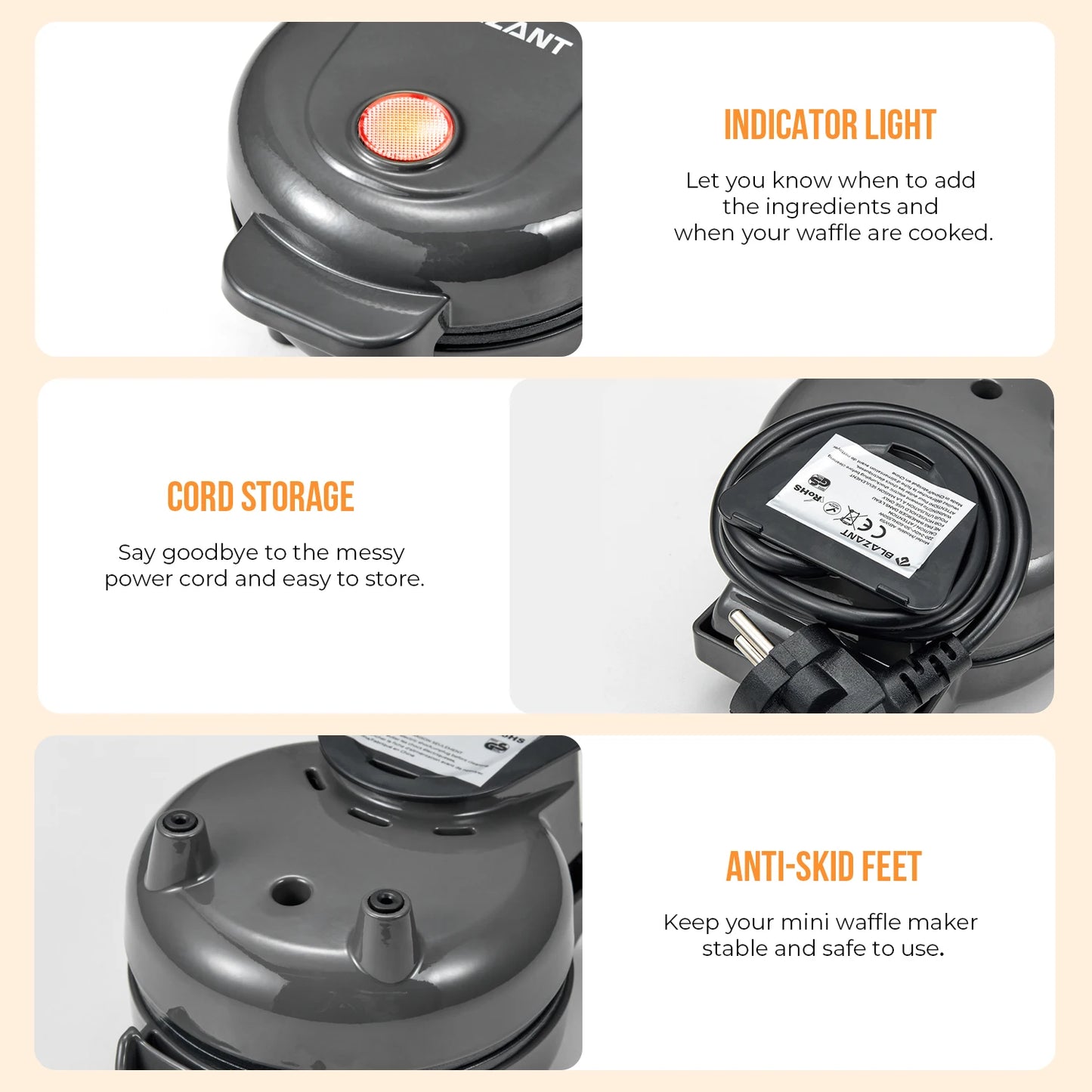 Mini waffle maker with features highlighted on a beige background