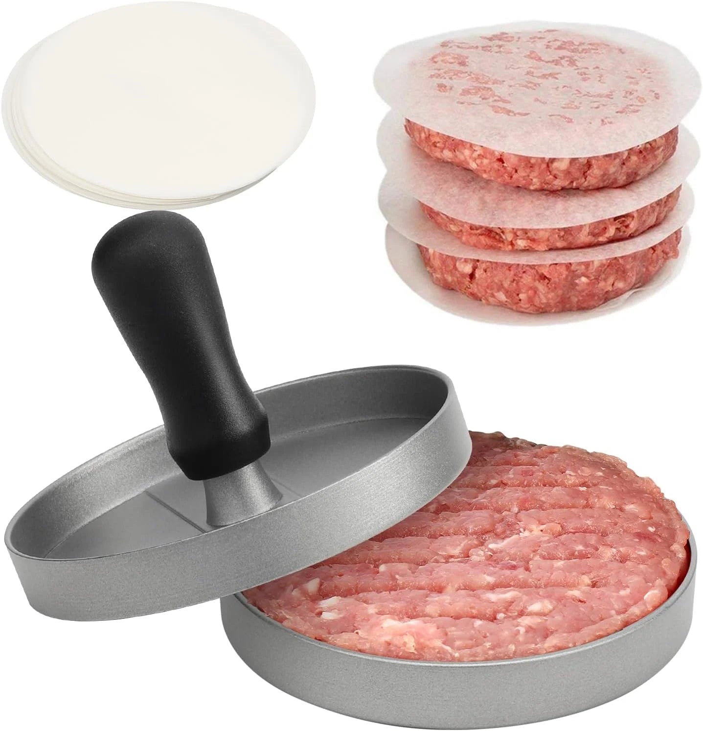 aluminium burger press with wax paper on kitchen counter
