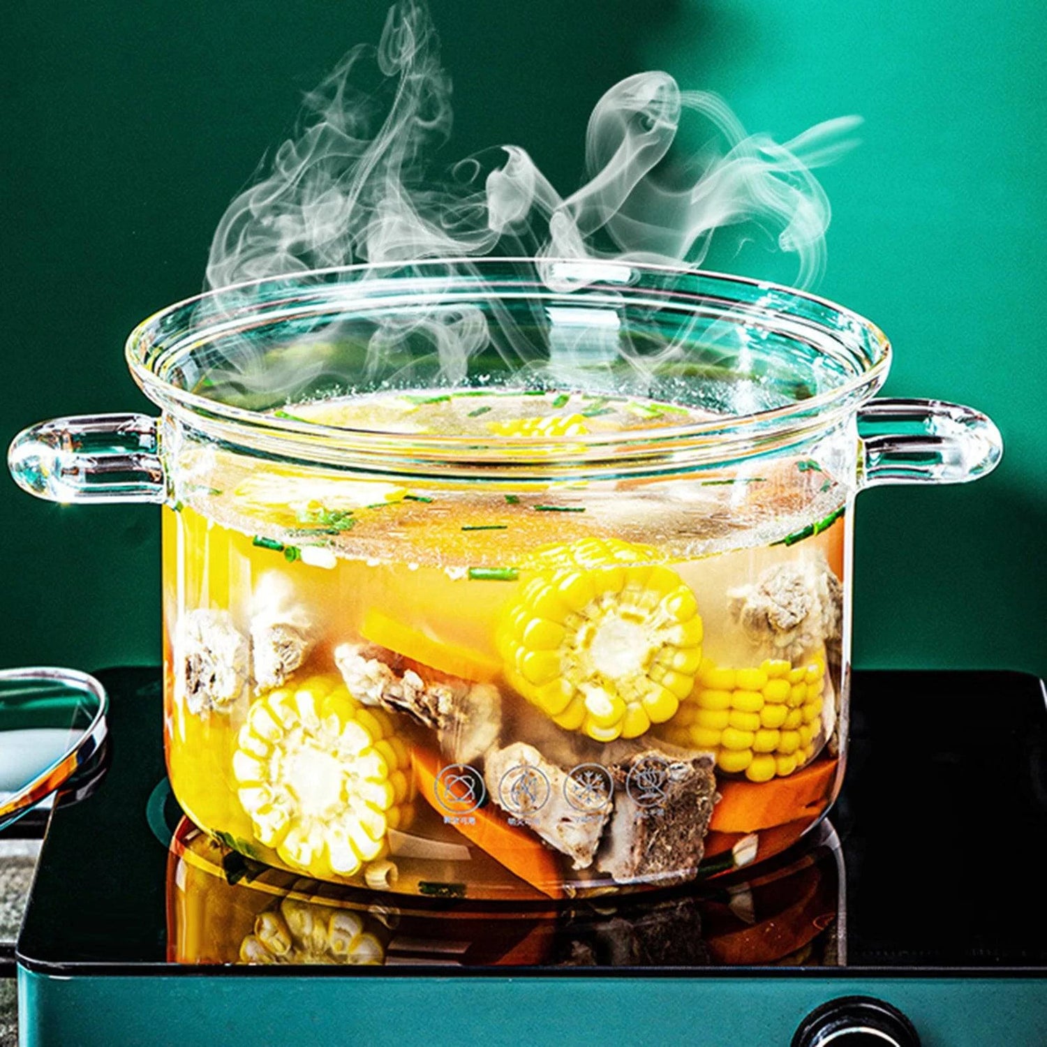 "Premium borosilicate glass saucepan set with 1.3L, 1.8L, 3.5L, and 4.5L sizes"