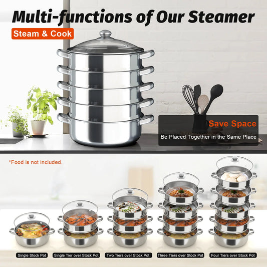 5 Tier Stainless Steel Steam Cooker Steamer Food Vegetable Pot Kitchen 26CM/28CM/30CM