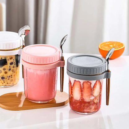 300ML Overnight Oats Cup with Spoon and Lid Fruit Salad Food Storage Container Leakproof Portable Breakfast Glass Bento Box