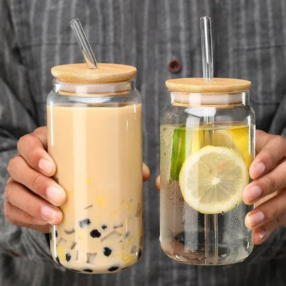 Heat-resistant glass straw cup with wooden lid