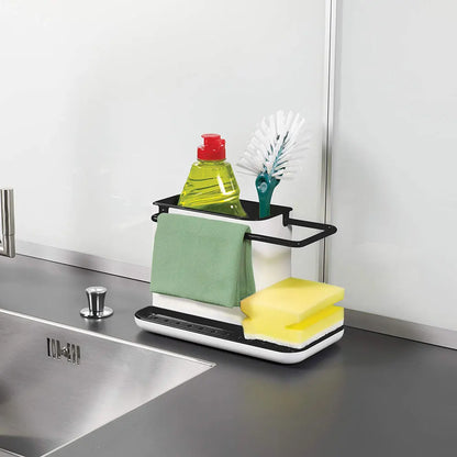 Kitchen sink caddy with cleaning supplies on a kitchen counter.