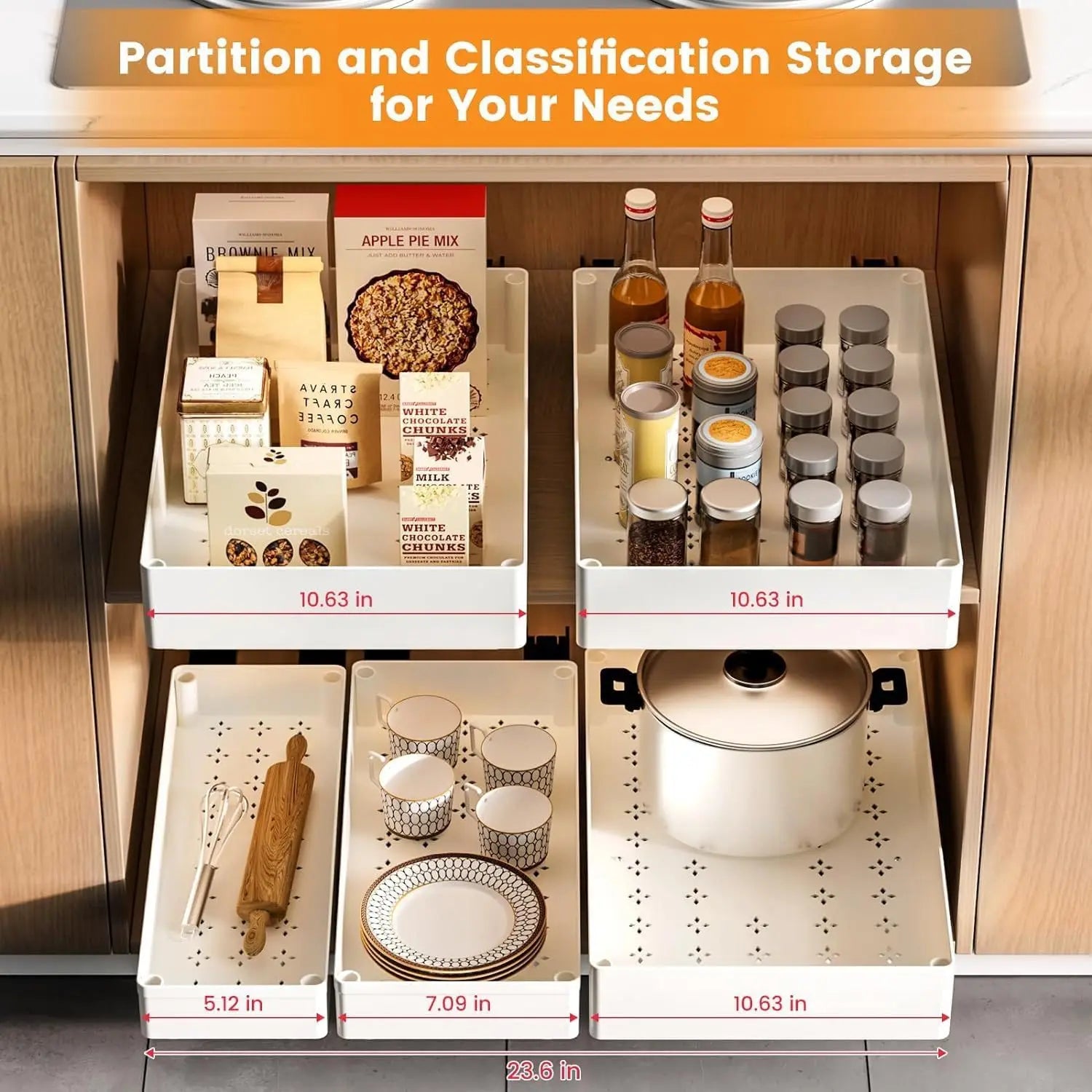 Kitchen storage solution with labeled compartments and items inside