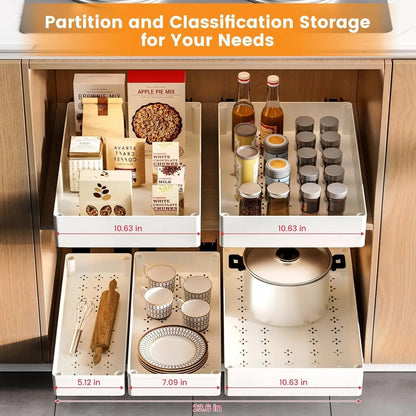 Kitchen storage solution with labeled compartments and items inside