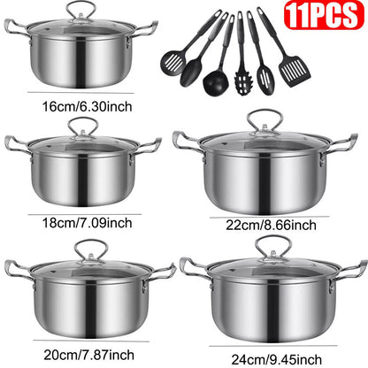 Set of stainless steel pots and measuring utensils with dimensions displayed.