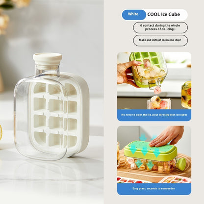 Clear ice cube tray with white base on a light surface, accompanied by promotional text about its use.