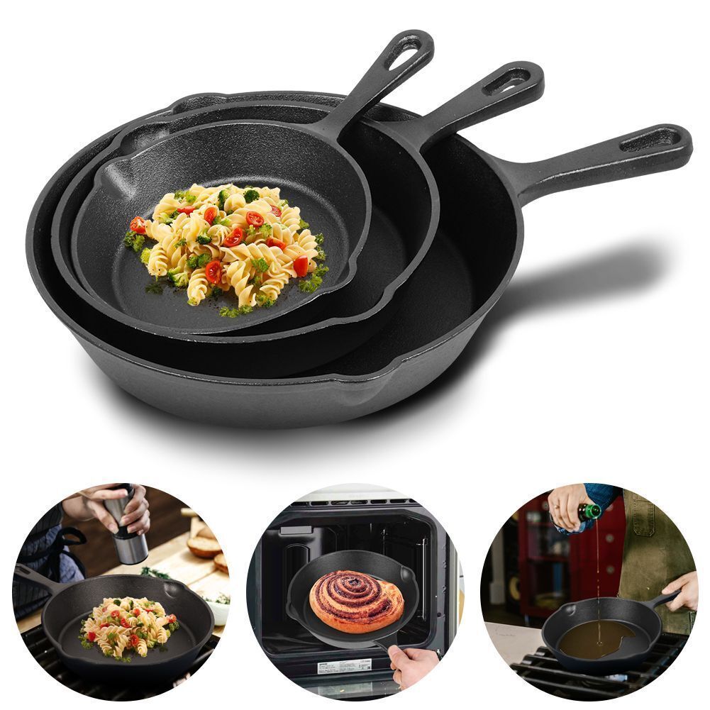 Set of three cast iron skillets with food and people using them in different settings.